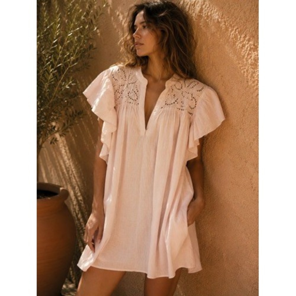 HM Light Pink Eyelet Ruffle Sleeve Mini Dress Tunic XL Cotton New